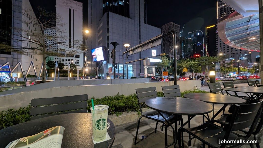 Outdoor seating area at night