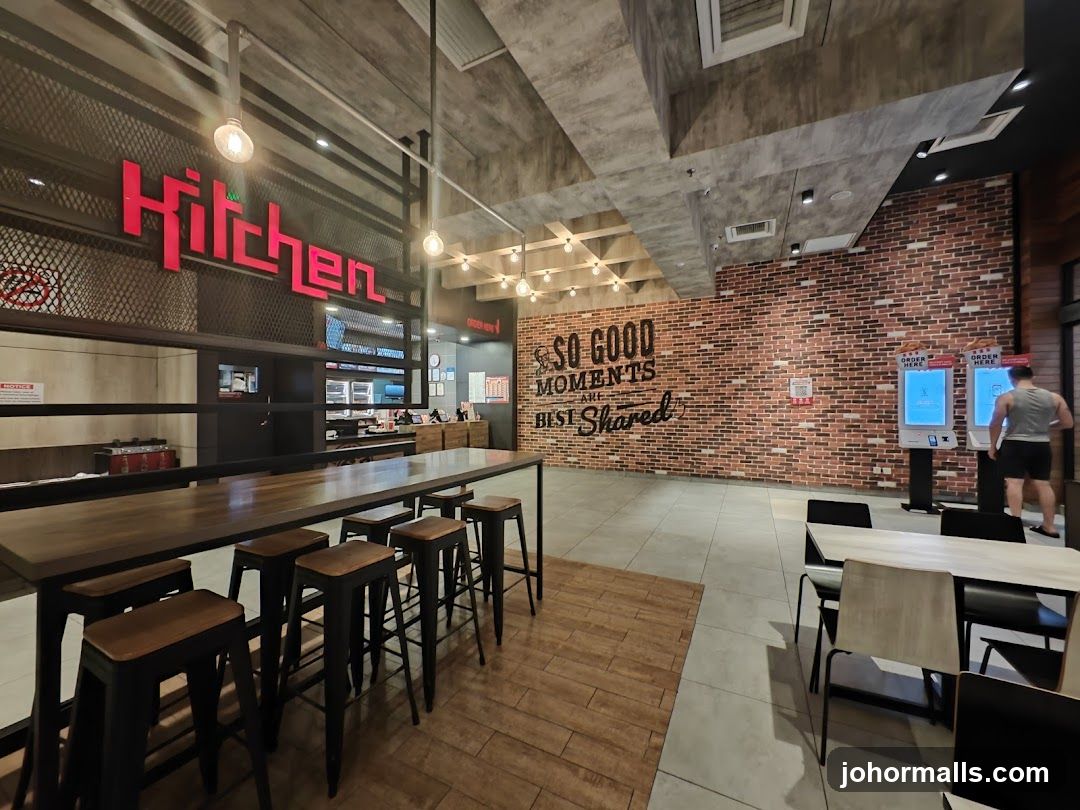 Restaurant Interior with Seating and Ordering Kiosks