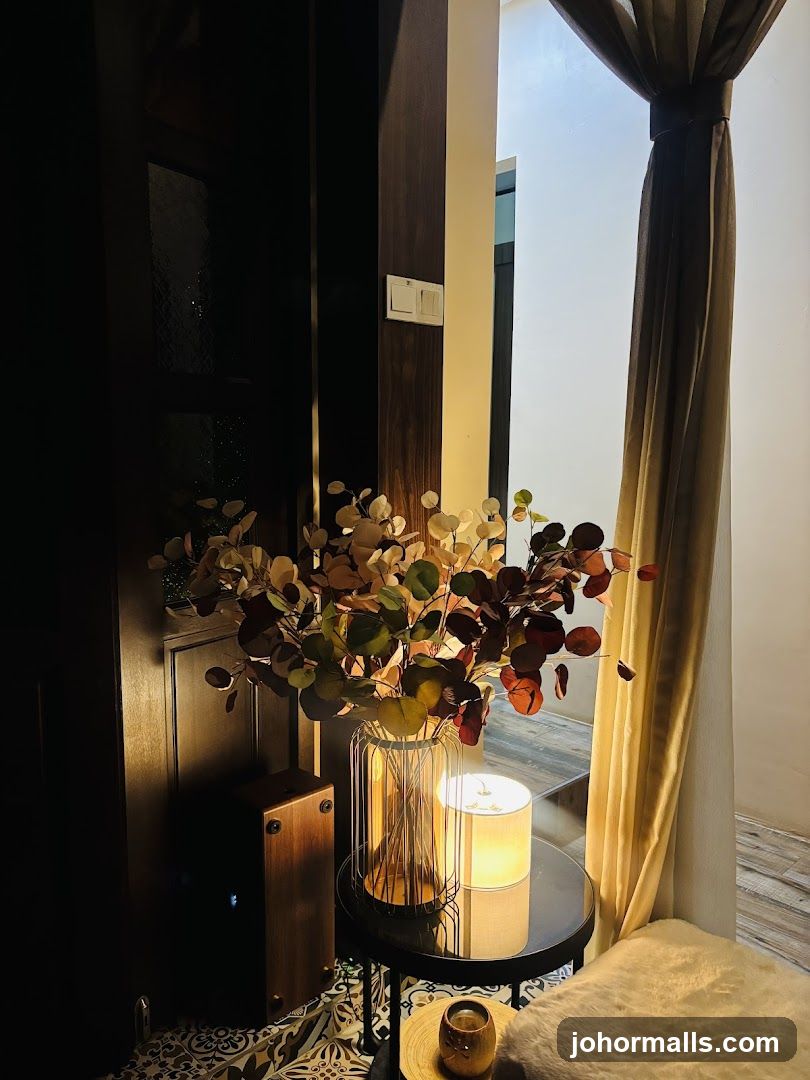 Decorative entryway with floral arrangement and lamp