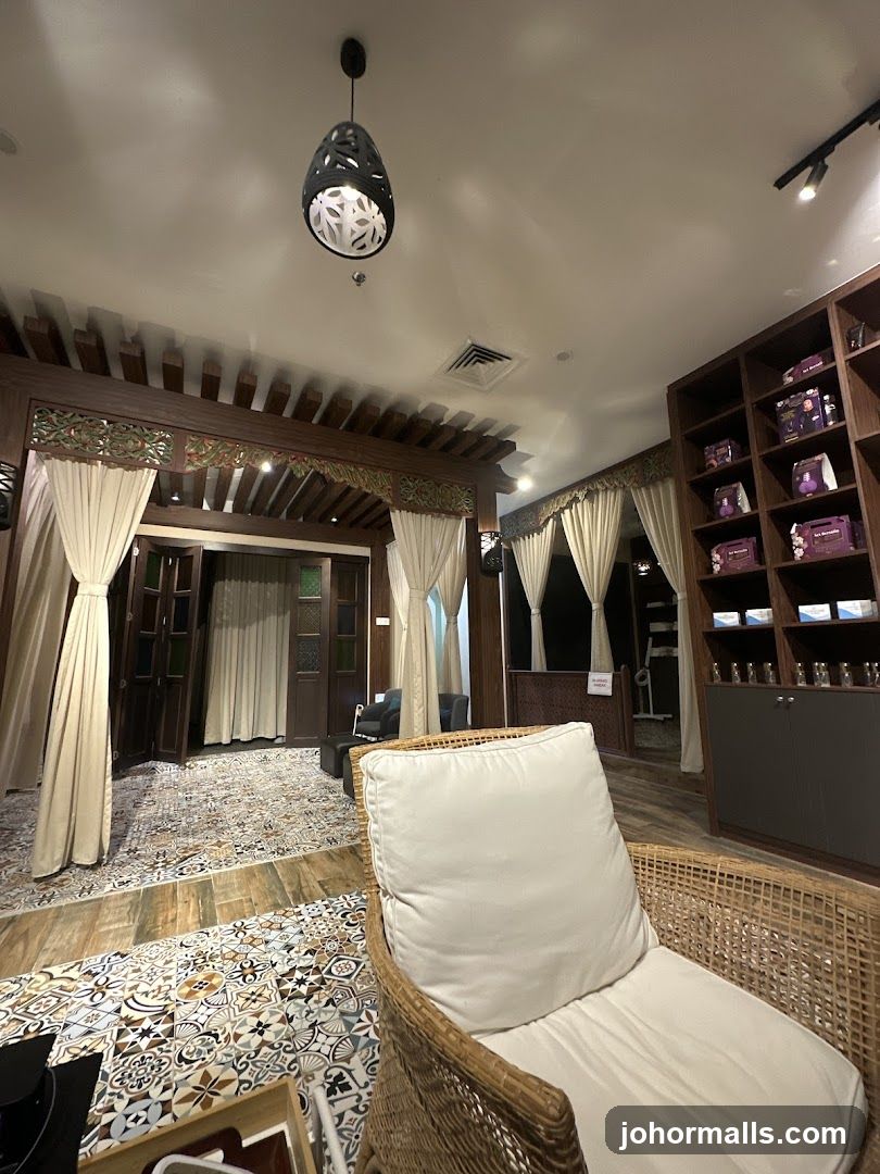 Interior of a room with decorative tiles and furniture