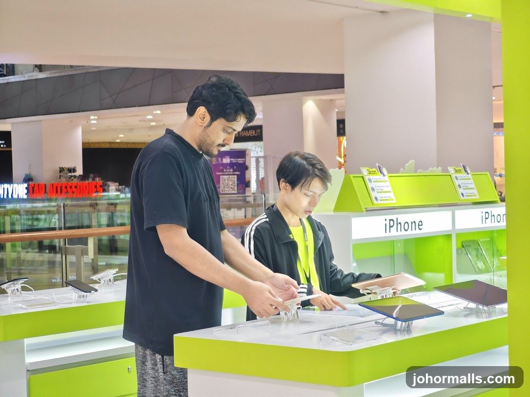 Customers browsing phones in a store