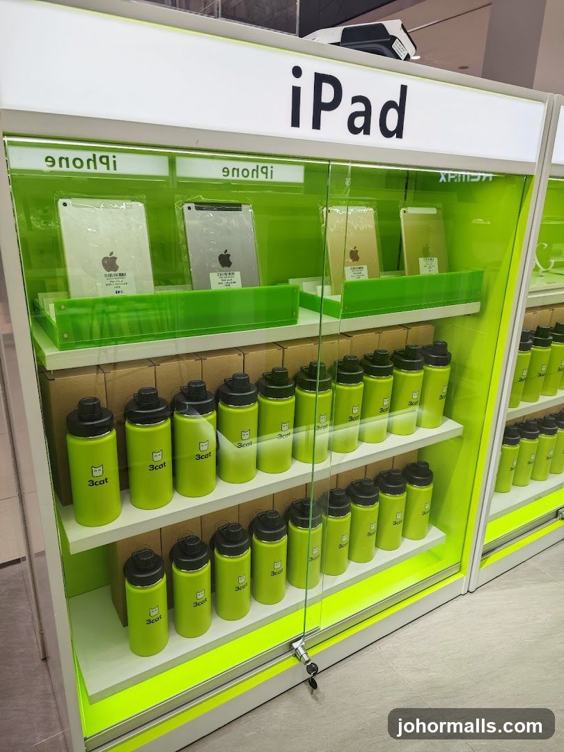 Display of iPads and water bottles