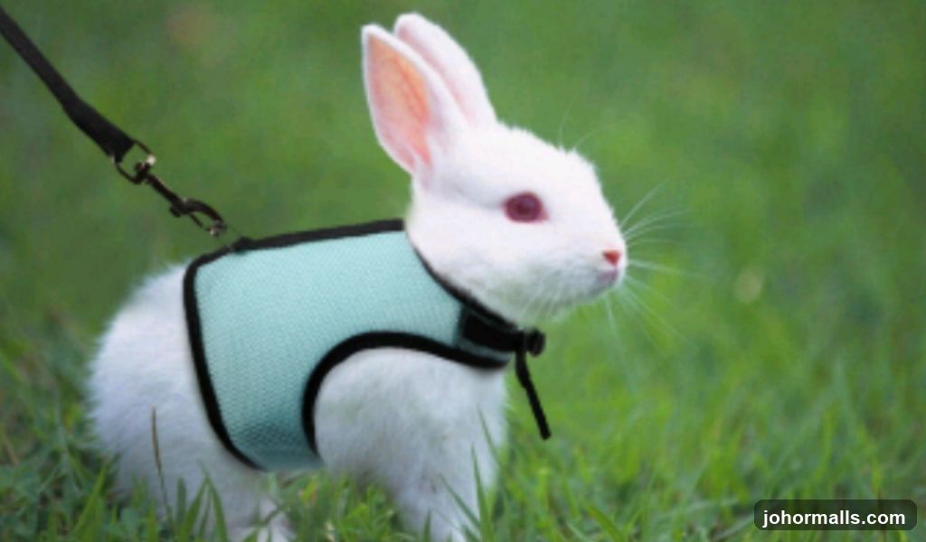 White rabbit on a leash