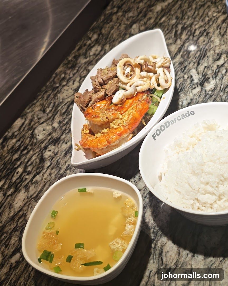 Seafood and Beef Dish with Rice and Soup