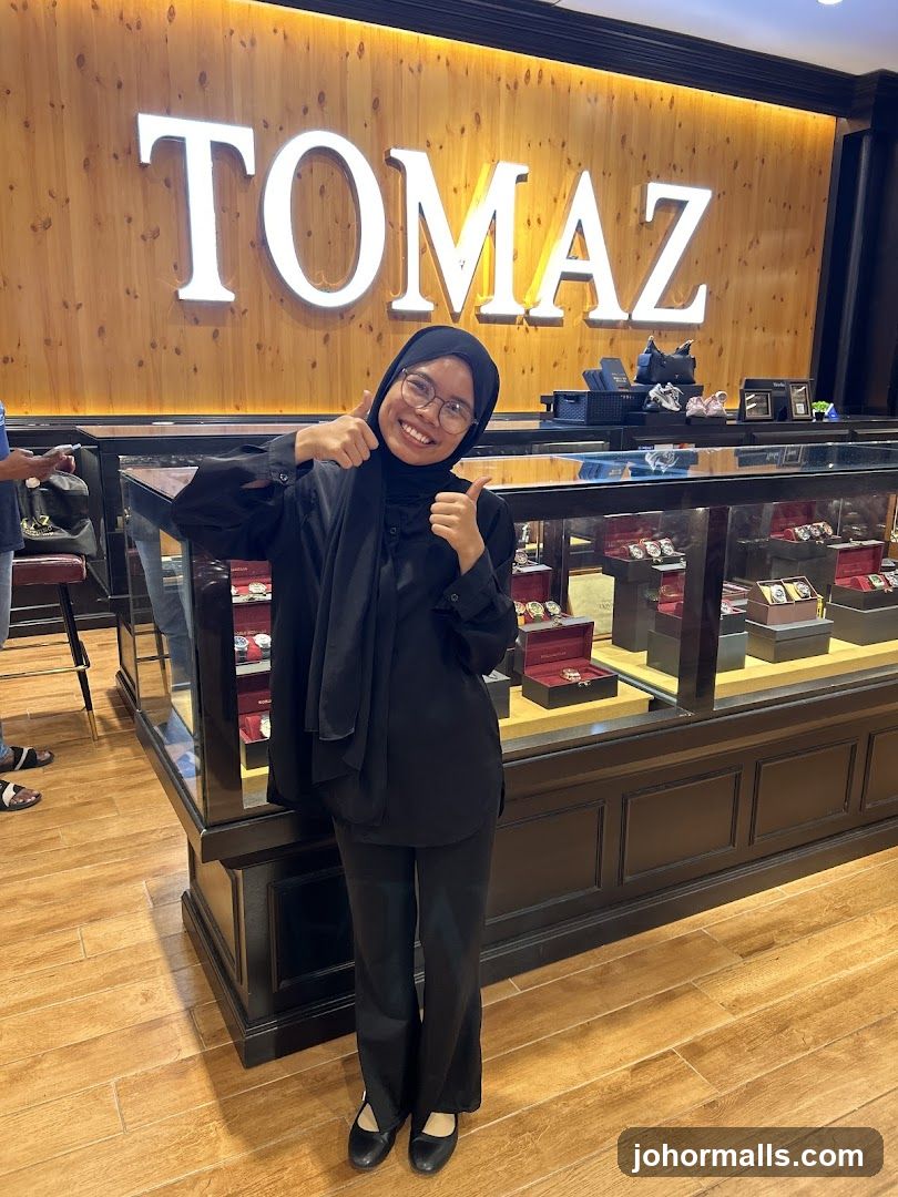 Woman in a store with a large sign