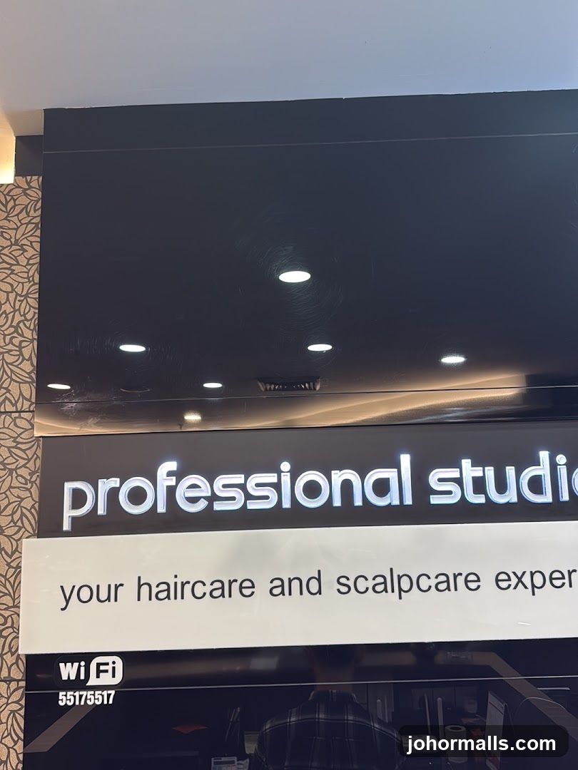 A close-up shot of a business's exterior signage. The top portion features the words "professional studio" in large, illuminated white lettering against a black background. Below this, a white panel displays the text "your haircare and scalpcare exper". At the bottom, a "Wi Fi" symbol with the number "55175517" is visible. The background on the left has a textured, patterned wallpaper.