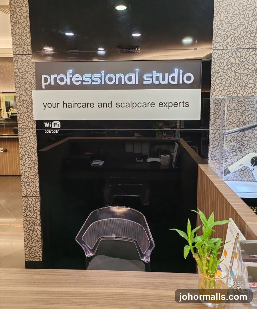A sign above a reception desk reads "professional studio" and "your haircare and scalpcare experts". Below this, "Wi Fi" and a number are visible. The reception area appears to be a salon or spa.