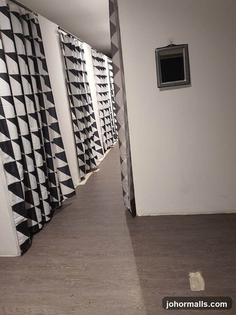 Hallway with patterned curtains