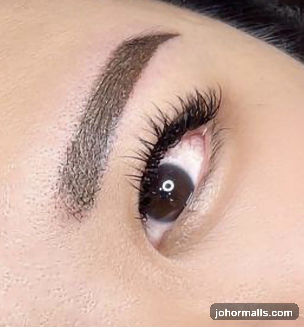 Close-up of an eye with dramatic eyelashes and defined eyebrows