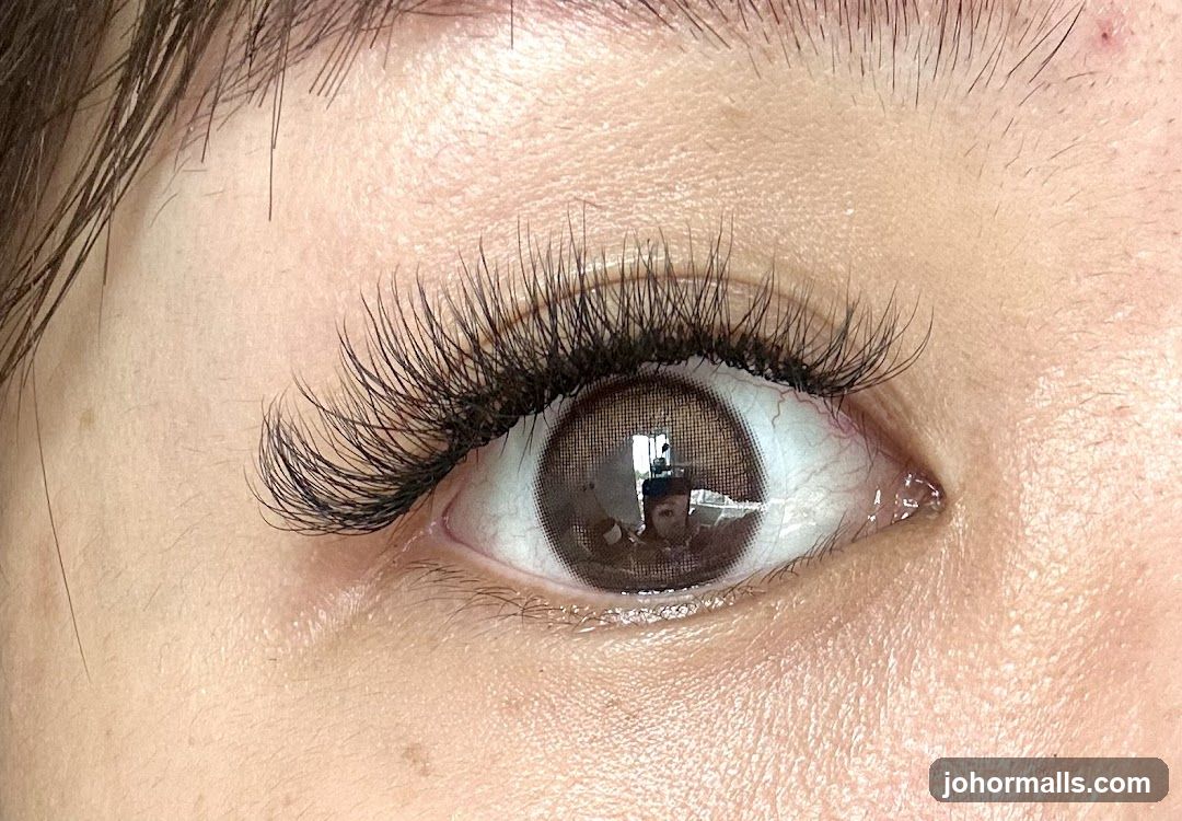 Close-up of an eye with false eyelashes and colored contact lens