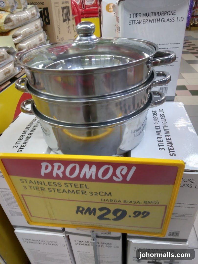 Promotional sign for a 3-tier stainless steel steamer