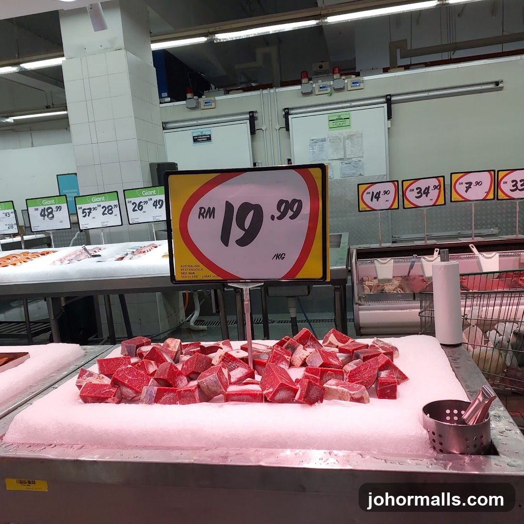 Meat display with price tags