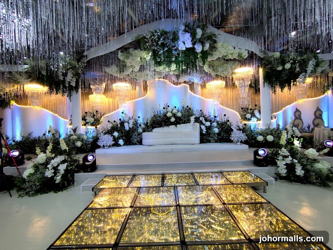 Elaborate Stage Decor with White Flowers and Lights