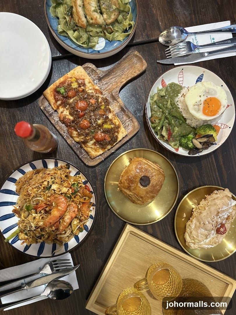 Table with various dishes and drinks