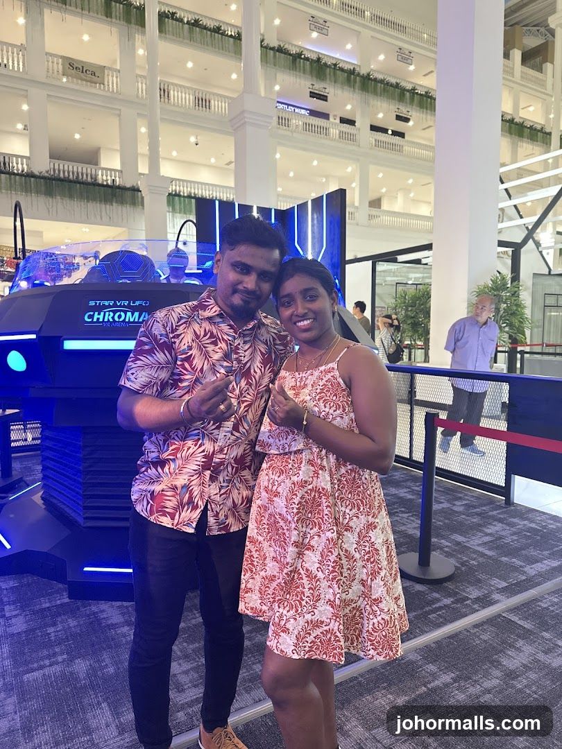 Couple Posing in Front of VR Attraction