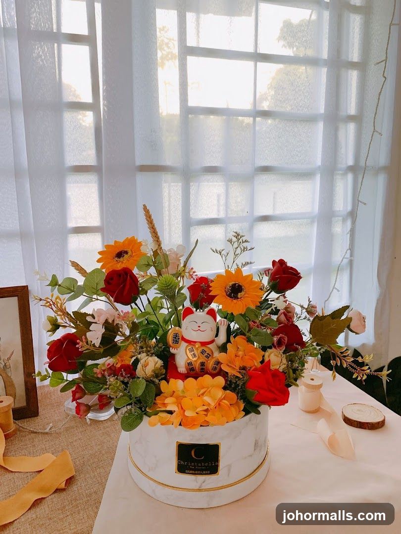 Floral Arrangement with Maneki-neko