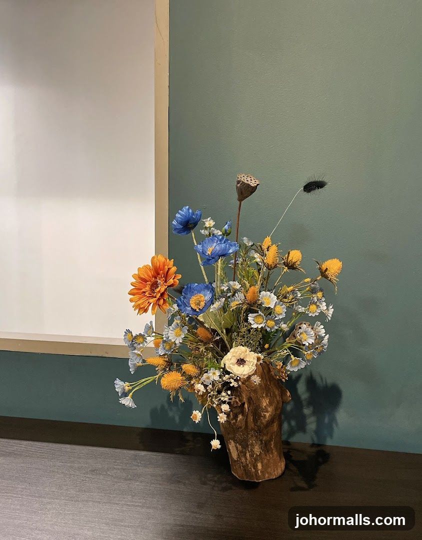 Floral Arrangement in Wooden Vase
