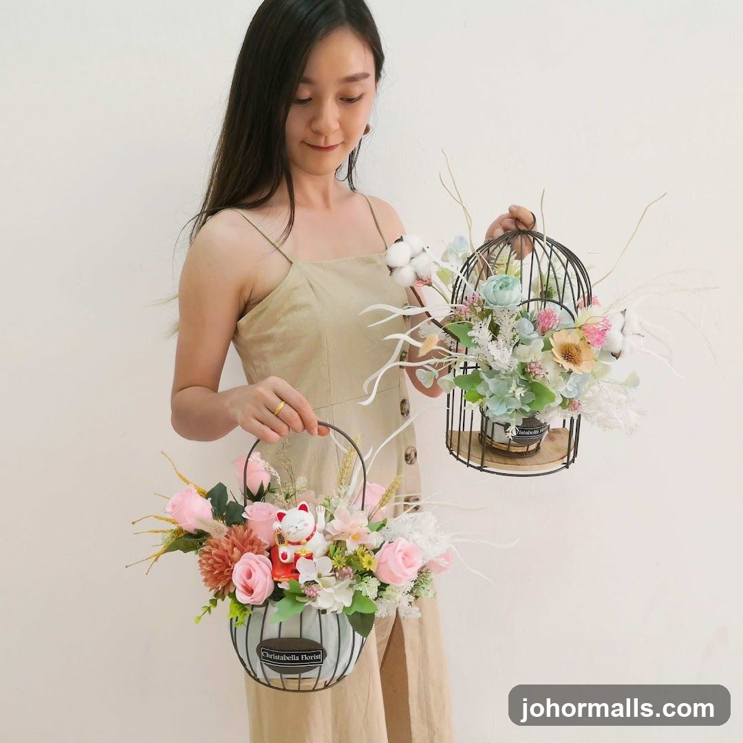 Woman holding floral arrangements