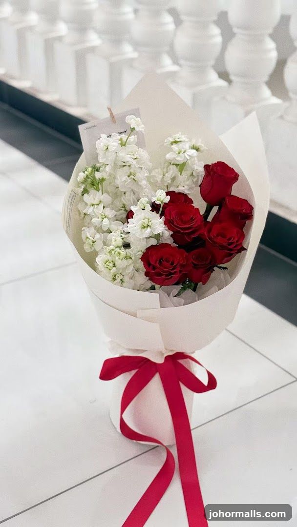 Red Roses and White Stock Bouquet
