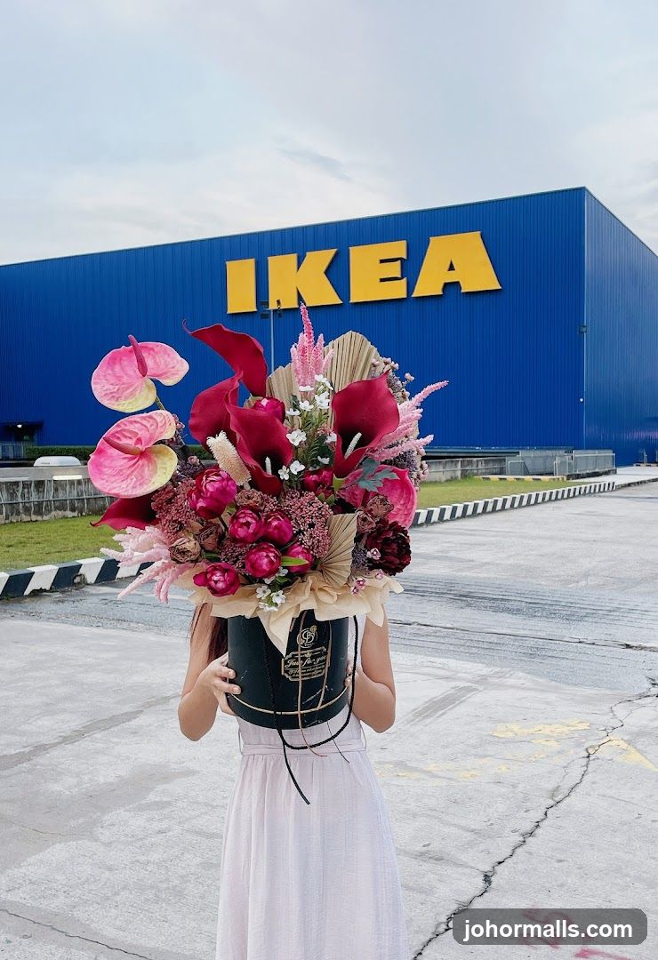 Woman Holding a Flower Arrangement in Front of IKEA