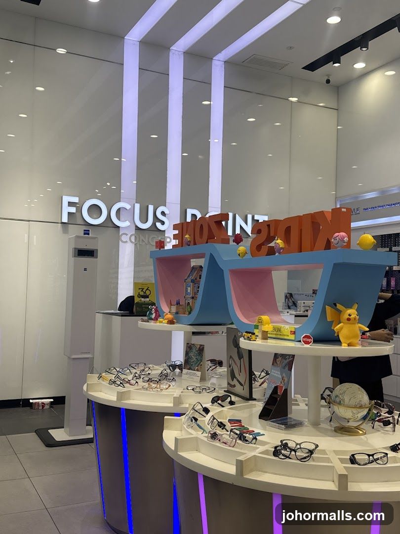 Eyewear store interior with displays