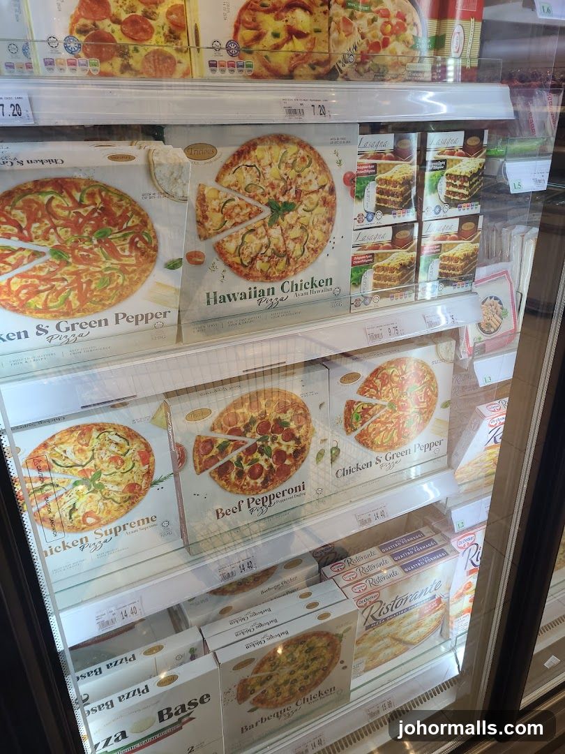 Frozen Pizzas and Lasagna in a Refrigerator Display