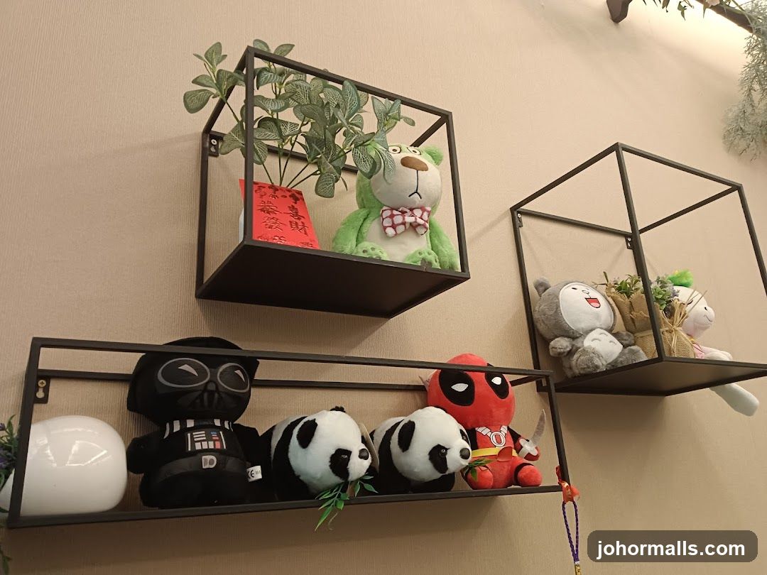 Shelves with stuffed toys and plants