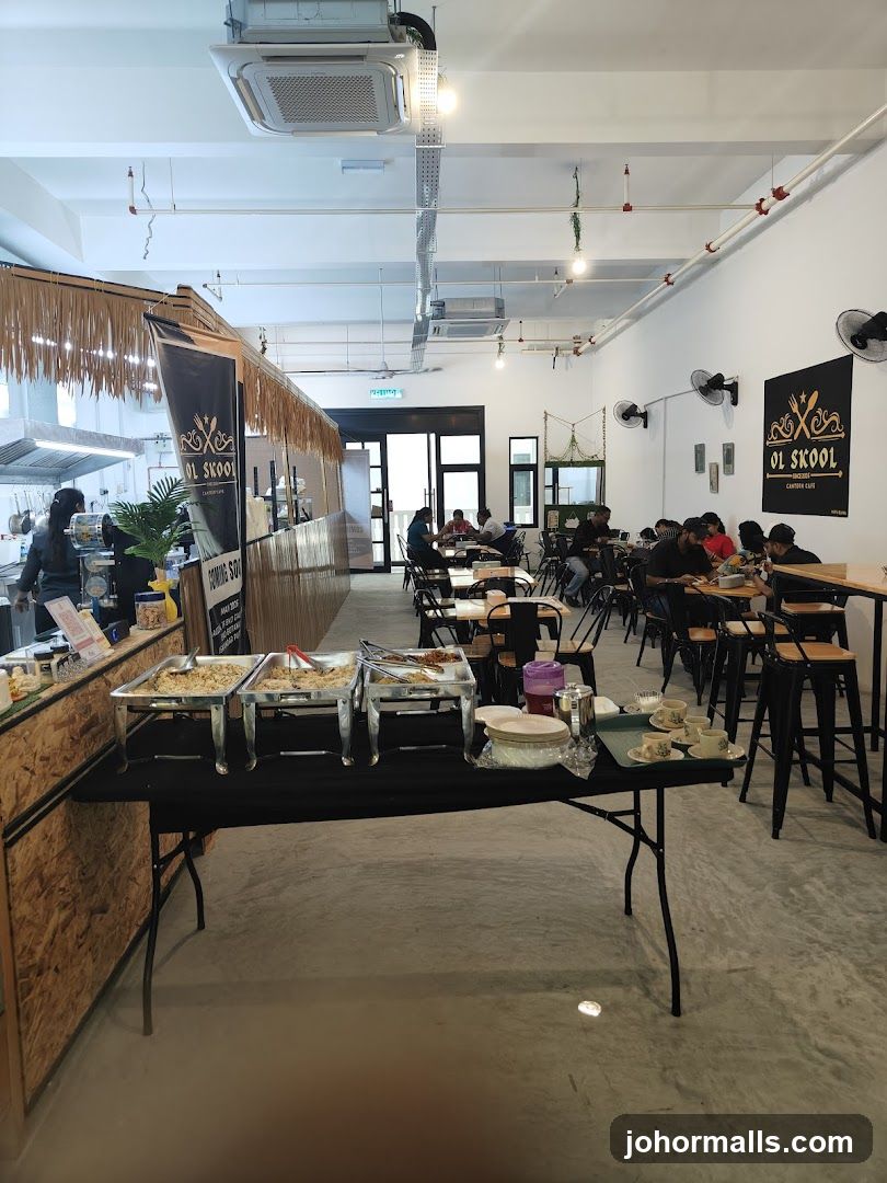 Interior of a cafe with buffet and seating