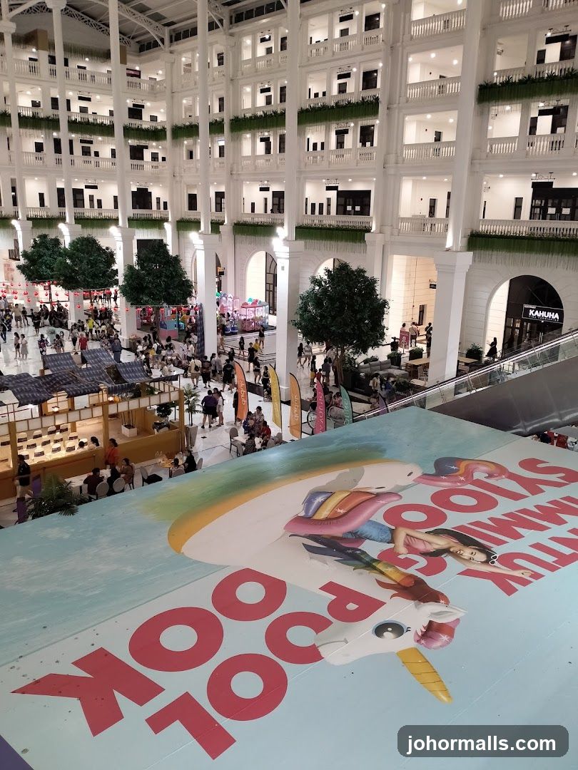 Indoor Mall Atrium with People and Decorations
