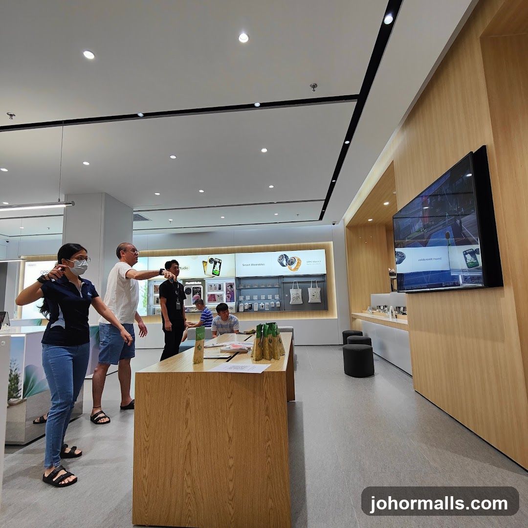 People interacting in a modern electronics store