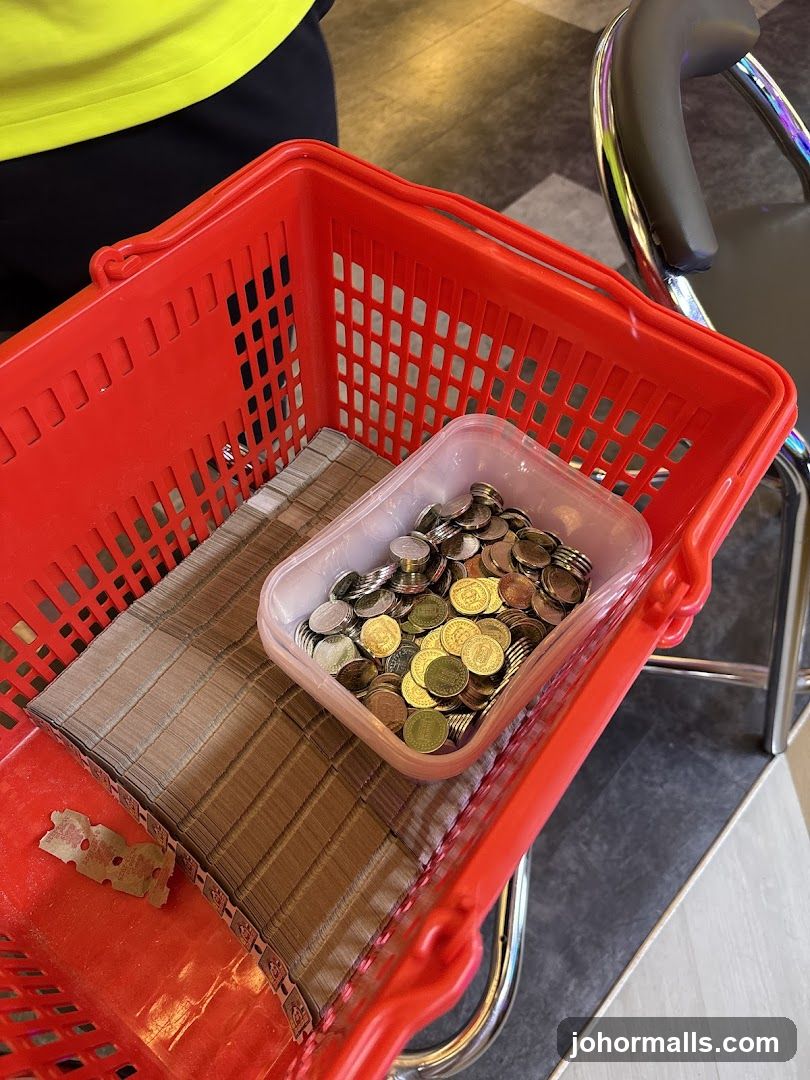 Shopping basket with coins and paper money
