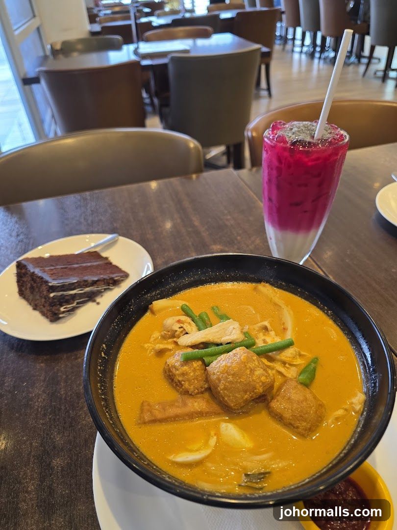 Curry Laksa with Chocolate Cake and Pink Drink