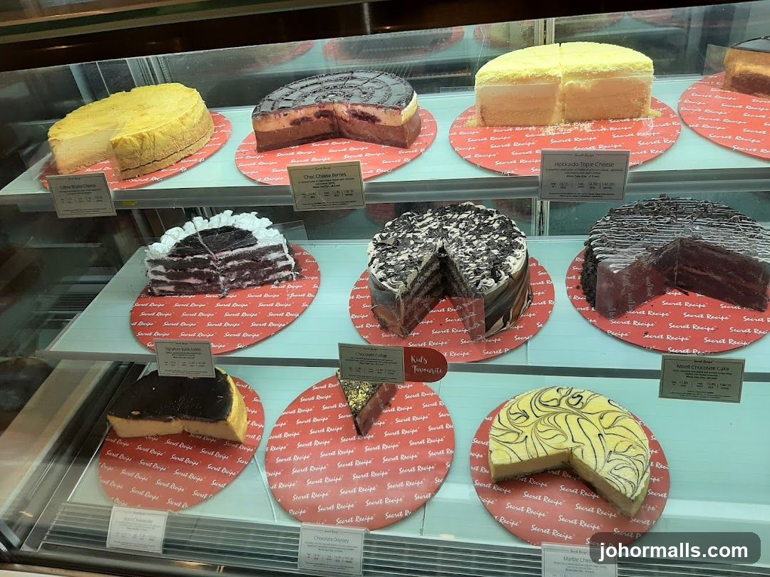 Cakes in a display case
