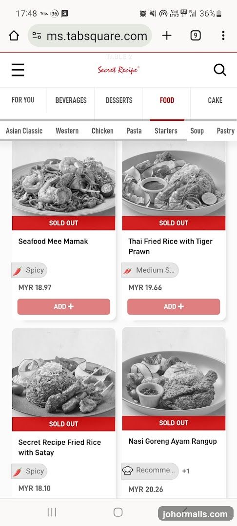 Secret Recipe Food Menu