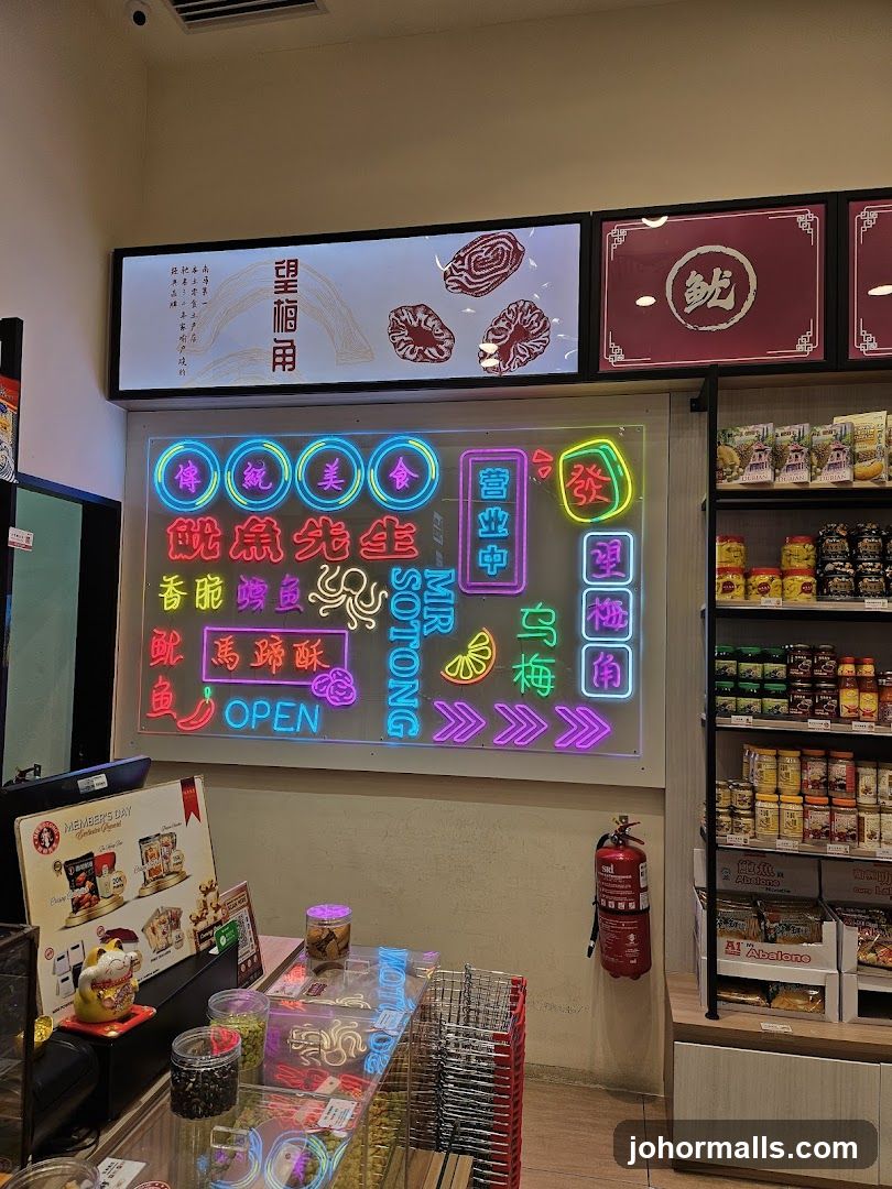 Store Interior with Neon Signs and Shelves