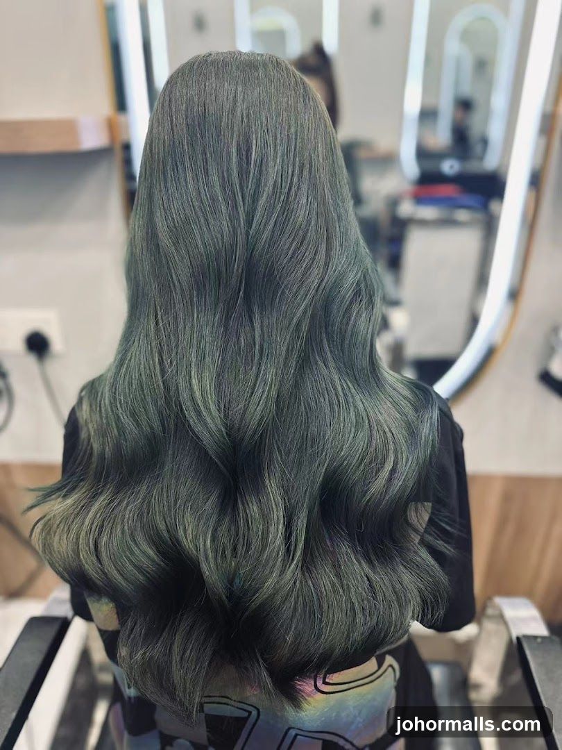 Woman with Wavy Dark Green Hair
