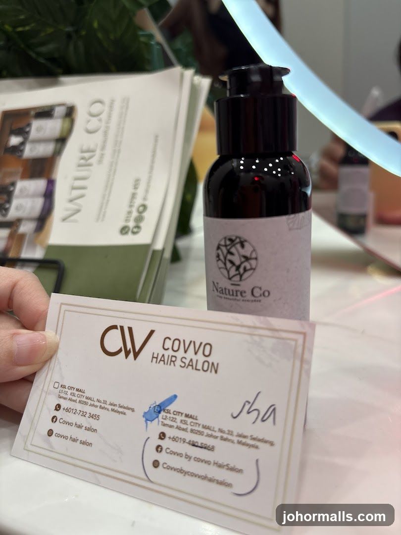 Nature Co product and Covvo Hair Salon business card