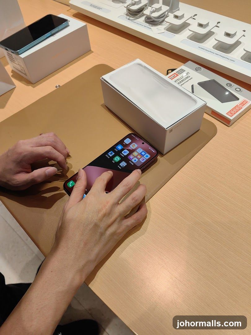 Hands interacting with a smartphone and accessories