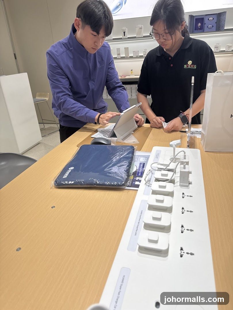 Store employees assisting customer