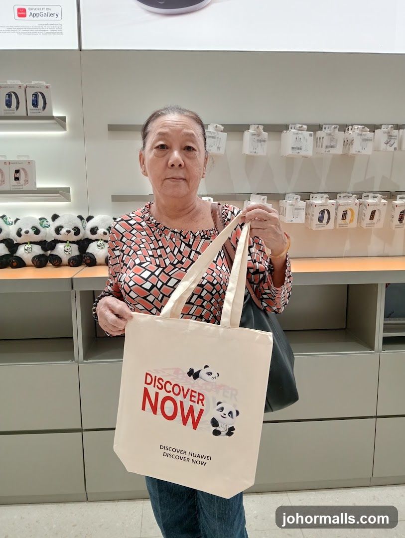 Woman holding a tote bag in a store