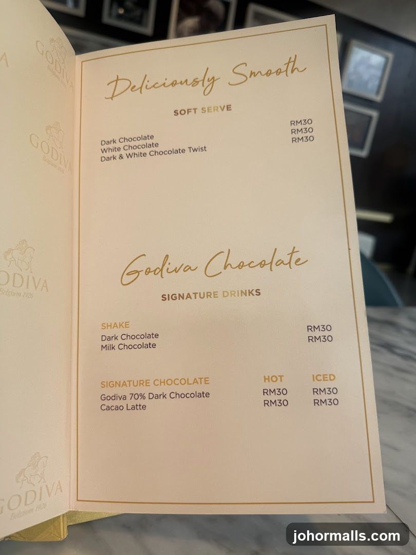 Godiva Chocolate Menu