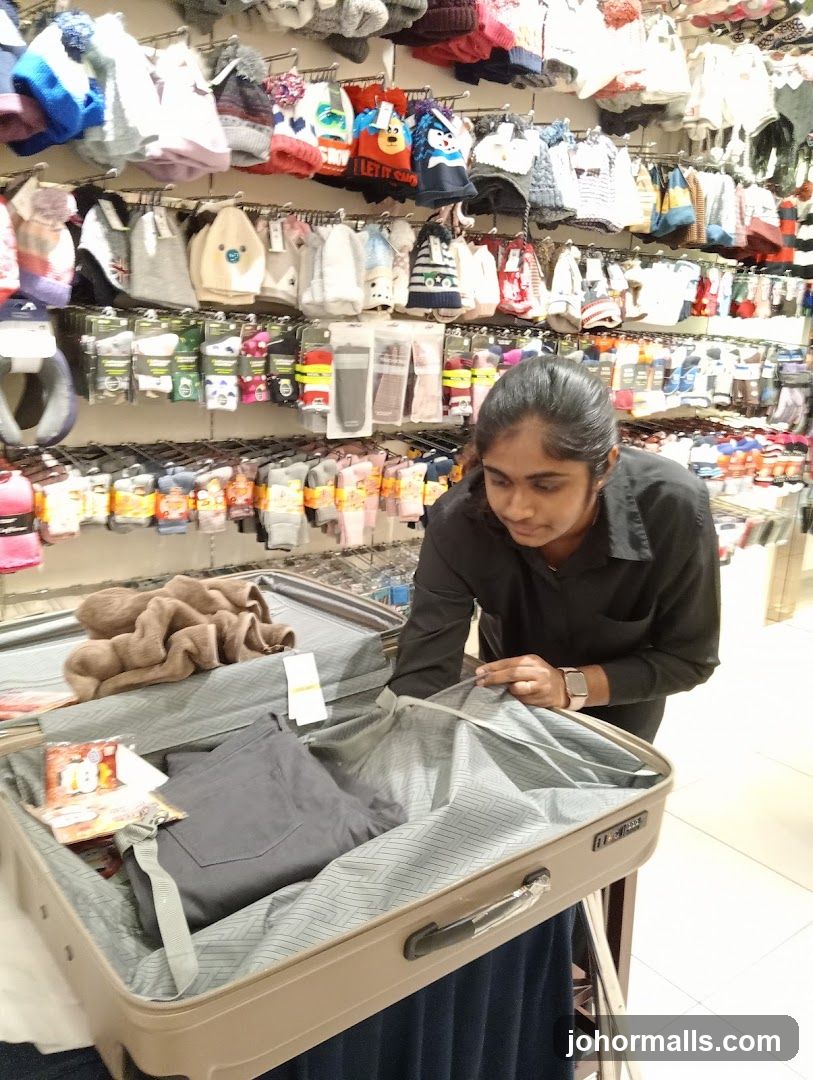 Woman packing a suitcase in a store