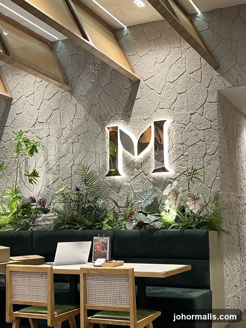 Restaurant Interior with Decorative Wall and Seating