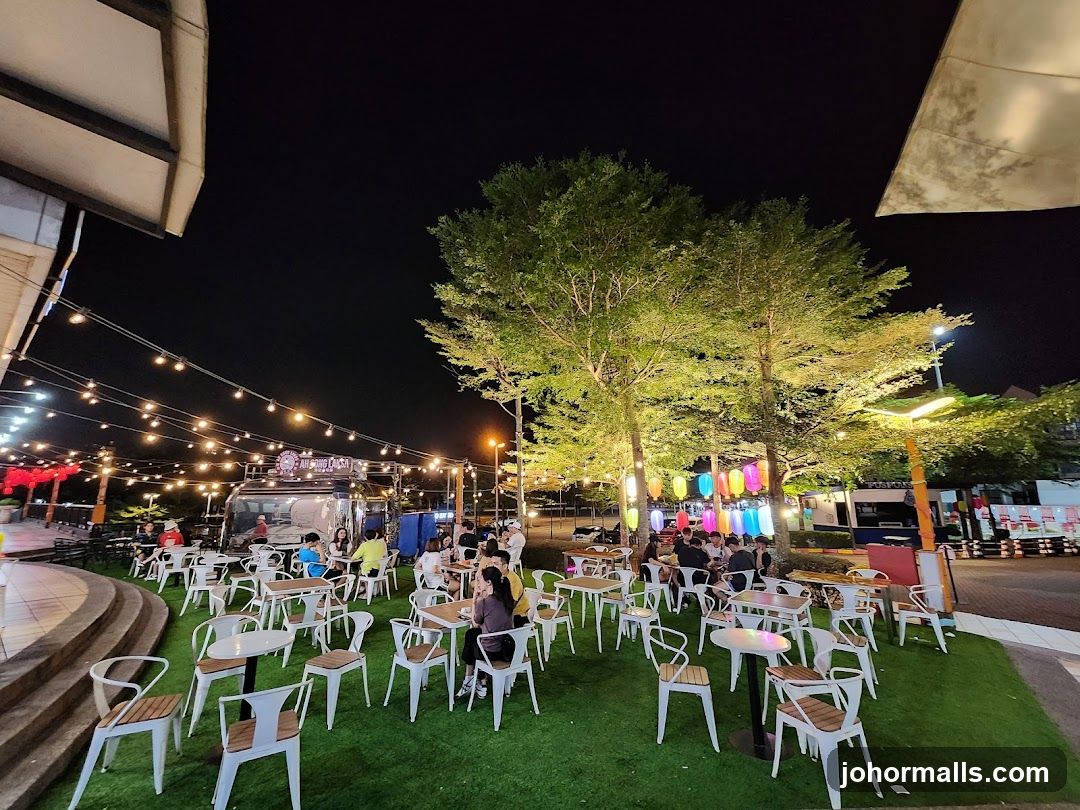 Outdoor dining area at night