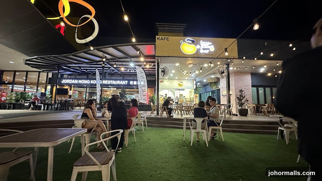 Outdoor seating at restaurants at night