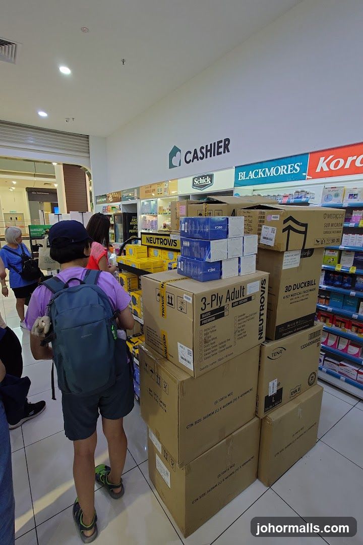 Boxes of face masks and other products stacked in a store