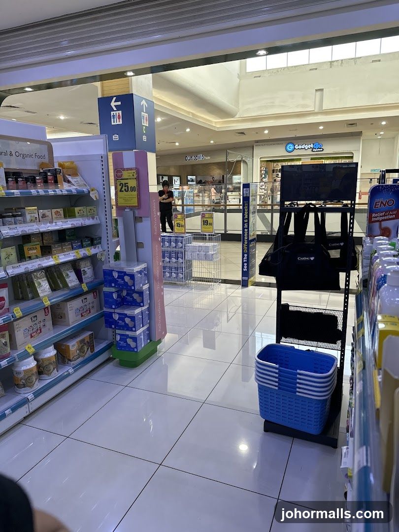 Supermarket aisle with products and store fronts