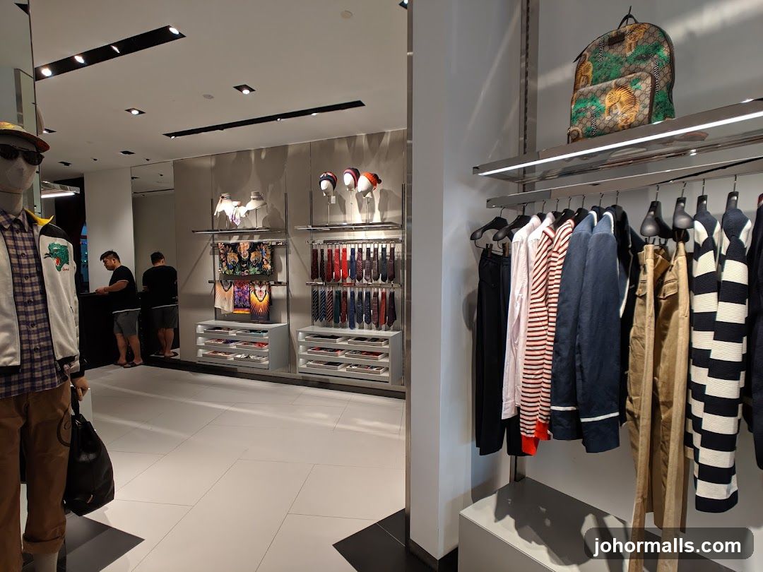 Clothing store interior with apparel and accessories