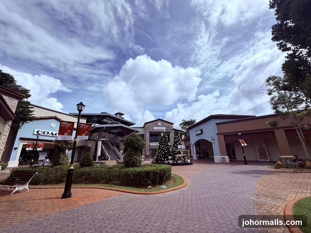 Outdoor shopping area with Christmas decorations