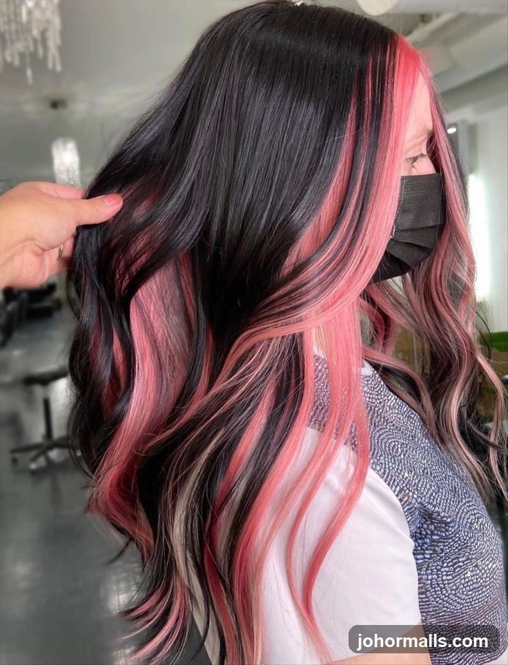 Black Hair with Pink Streaks